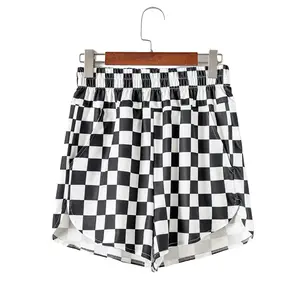 Women's Black Checkered Plaid High-Waist Easy Fit Effortless Split Casual Shorts - 95% Polyester 5% Elastane, Comfy Side Slit Chic Detail, for Daily Wear Soft Bottoms, Plaid Shorts