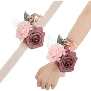 TINGE TIME Artificial Wrist Corsage for Prom, Set of 6, Time-Flies Rose Girl Bridesmaid Wrist Flowers with Ribbon for Wedding Ceremony Anniversary Bridal Shower and French Rustic Vintage Party