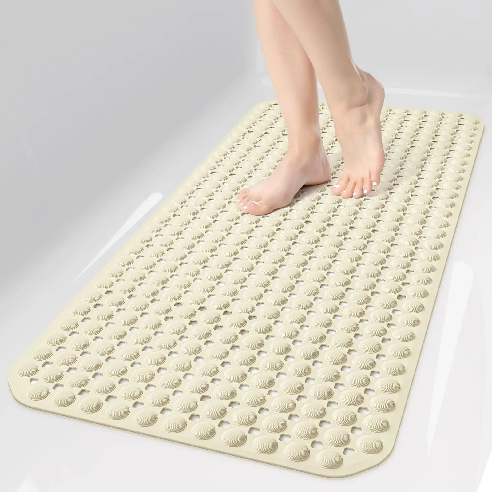 OTHWAY Non Slip Soft TPE Bathtub Mat 35x16 Inch, Comfort Shower Floor Liner with Anti-Slip Suction Cups & Quick Drain Holes, Built-In Foot Scrubber, Washable, Odor-Free Alternative To Hard PVC Mats