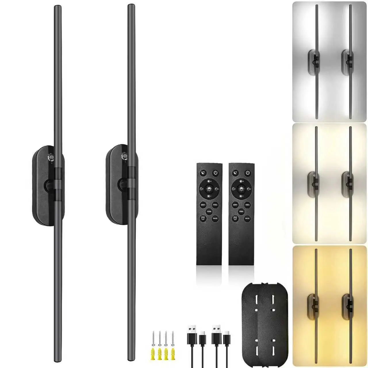 ARTBLEPRO Rechargeable LED Wall Lights Set of 2 3000K-6000K Dimmable Sconces with Remote 360° Rotation for Bedroom Study TV 31.7 Inch Black Magnetic Suction Type-C Charging