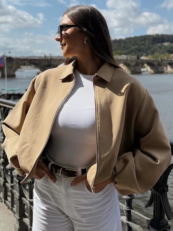 Casual Crop Oversized Puff Jacket Jacket Women's Jacket Spring 2026 Beige Khaki Black Outerwears Zip-Up Lapel Collar Long Sleeve Tops Streetwear Outfits & Weekend Hangouts Coat