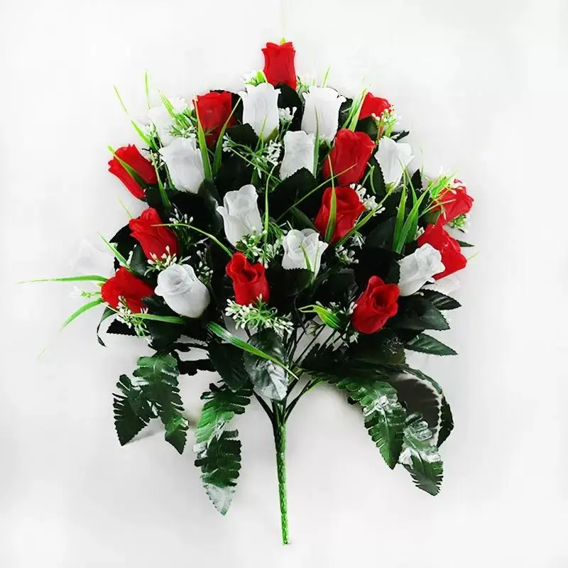 2pcs Realistic Artificial Cemetery Grave Decorations - Outdoor Funeral Plastic Rose Bouquet Flowers, Weatherproof Long-Lasting Faux Floral Arrangements, No-Battery Commemorative Artificial Flowers Centrepieces, Floral Arrangement Artificial Flowers, Red R