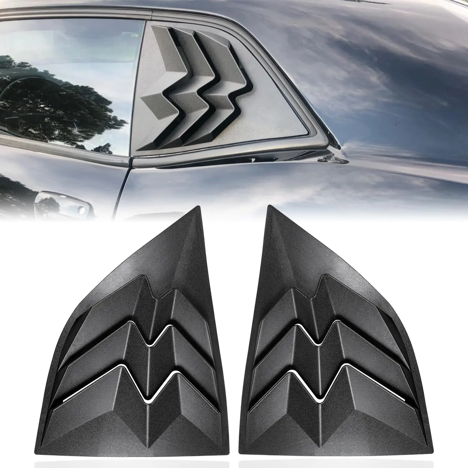 2 x Rear + Side Window Louvers for 2008-2024 Dodge Challenger, DIY Self-Adhesive ABS Plastic Exterior Air Vent Scoop Shades Covers, Matte Black, Perfectly Fit, Easy Installation, Privacy Boost, All Seasons Durability, Impact Resistance, Increase Privacy
