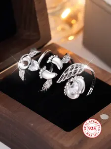 S925 Sterling Silver Heart Ring Set, Angel Wings Thankfulness Stackable Rings, Mother's Day Valentine's Birthday Gift with Box