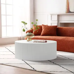 Round White Coffee Table for Living Room, Wooden Drum Table with Handcrafted Relief Fully Assembled Circle Coffee Tables for Office, Apartment White One Size