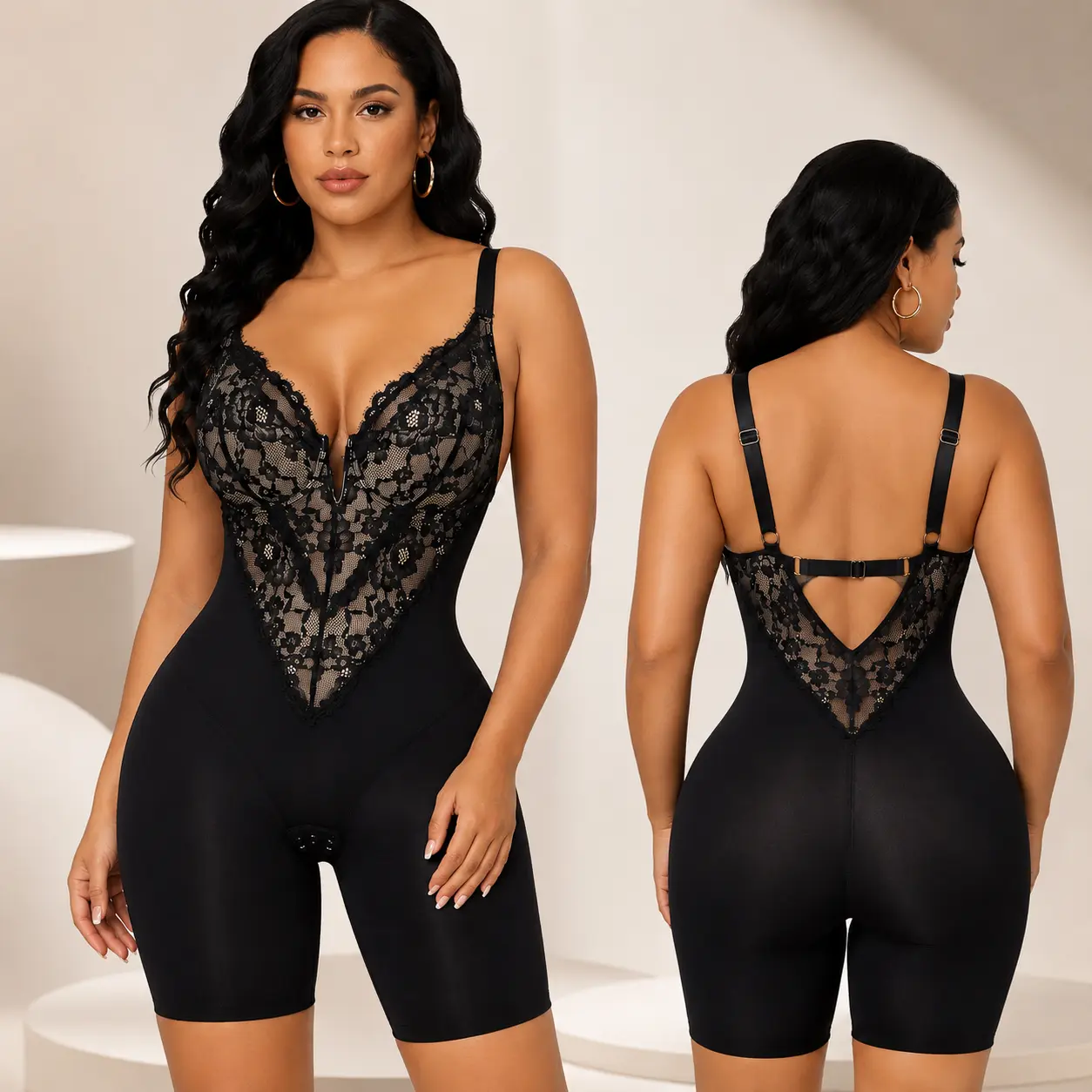 Women's Elegant Floral Embroidery Lace Deep-V Abdominal Compression Shapewear Bodysuit - High Compression Tummy Control, Butt Lifter for S-Curve Silhouette,clothes for back to school,first day of school outfits