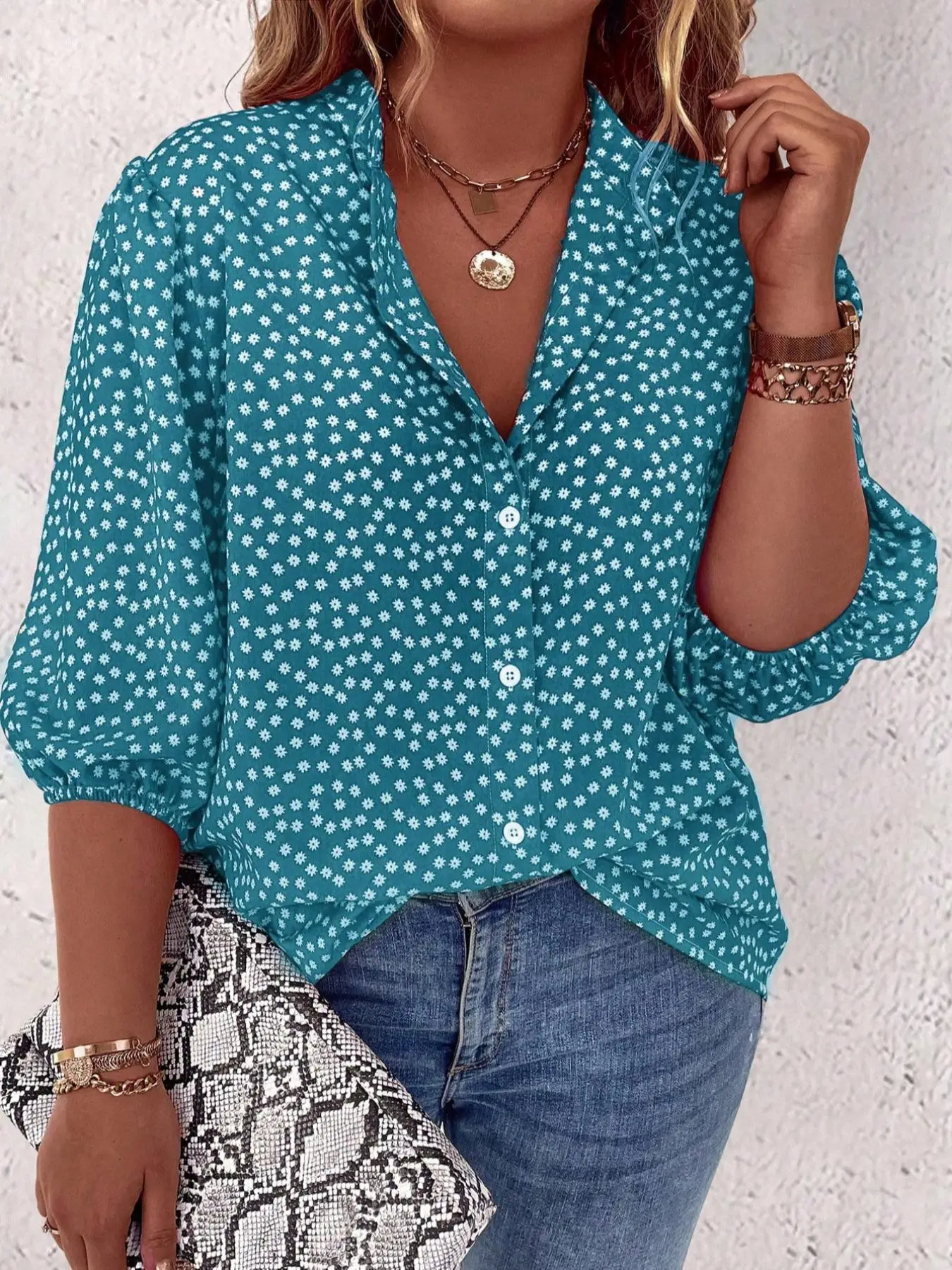 【Plus Size】 Ditsy Floral Print Button Front Blouse, Casual Bishop Sleeve Collar Top for Daily Outdoor Wear, Summer Outfits, Women Clothing for All Sea