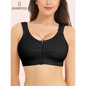 [Post-Surgery Compression]Women's Wireless Full Coverage Bra - Zip-Front, Adjustable Straps| 84% Cotton 16% Spandex for Daily, Yoga & Exercise