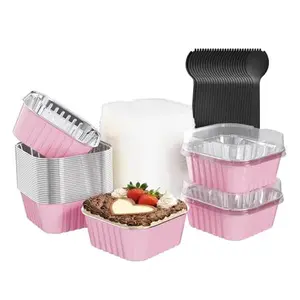 25 Pack Square Mini Cake Pans with Lids,Mini Loaf Pans with Lids,Aluminum Foil Baking Cups,Disposable Ramekins Cupcake Cups,Dessert Cups for Wedding Birthday Party Picnics,5oz (Pink)