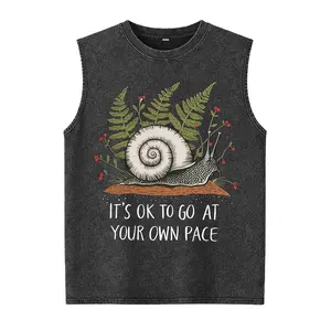 It's Ok To Go At Your Own Pace" Snail Washed Vest, Cute Garden Snail Tee, Motivational Casual Top For Women