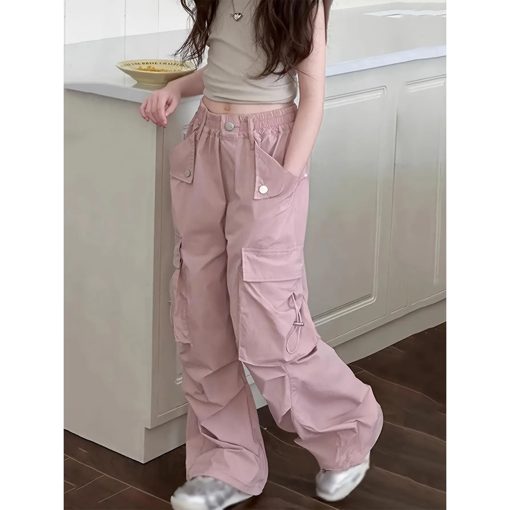 Streetwear Cargo Pants for Girls Aged 6-16 - Wide-Leg Loose Fit Elastic Waist Multi-Pocket Durable Polyester Machine Washable Casual Pants (Autumn) Girls' Pants Daily Children's Clothing Non-Stretch Autumn Set Lightweight Long Pants for Kids