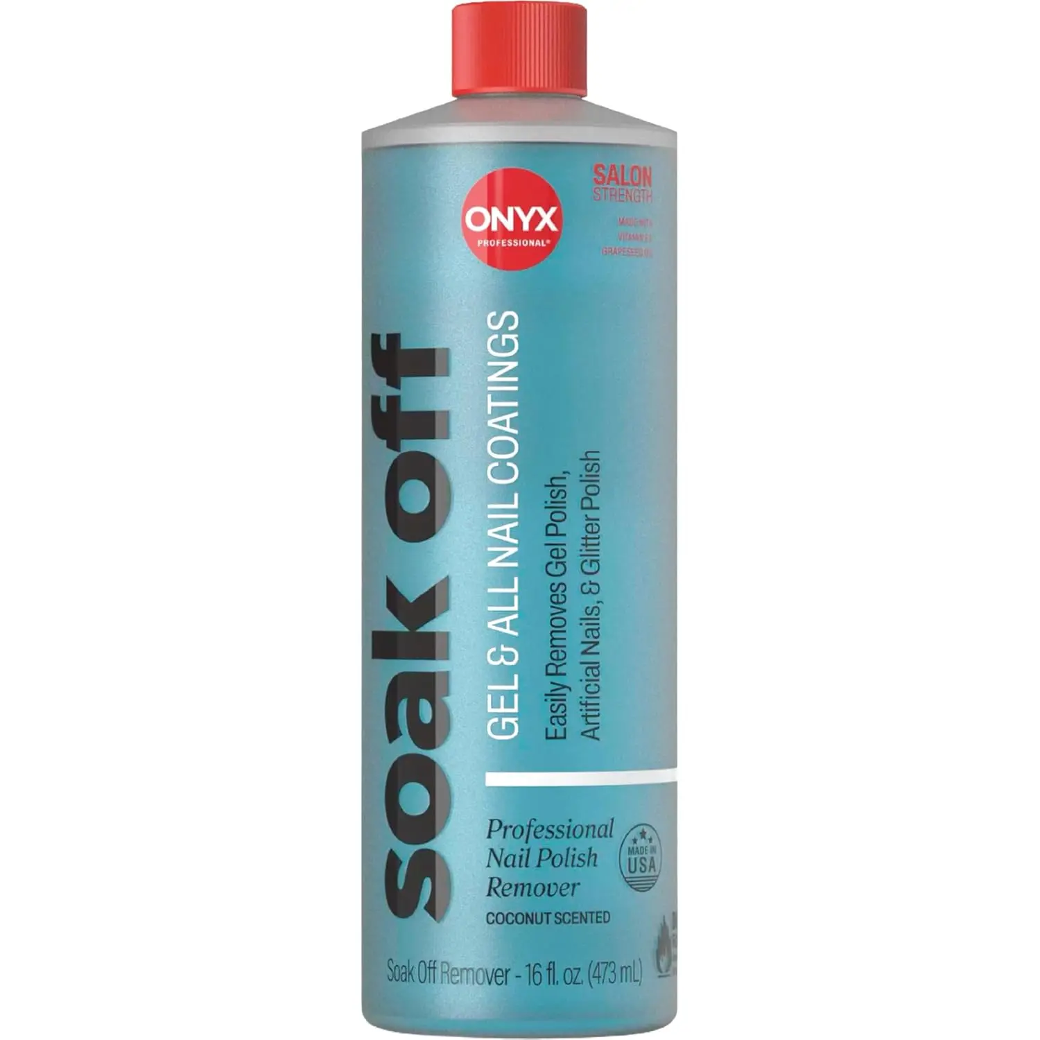 Onyx Professional Coconut-Scented Nail Polish Remover (16 oz Single Bottle) with Nail File, Maximum Strength Soak-Off Gel Remover, Vitamin E & Grape Seed Oil Nourishing Formula for Manicure, Flawless Care, All Types