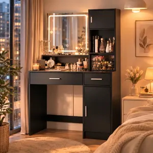 Vanity Desk with Mirror and LED Light Strip,Dressing Table with Large Drawer, 3 Level Storage Dresser & 3 Lighting Modes Adjustable Brightness, Suitable for Bedroom