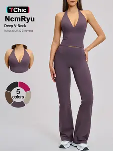 Women's Two-Piece Sports Set, Halter V-Neck Top with High-Waist Flare Pants, Breathable Stretch Fabric, 3D Fit, Slimming Effect, Solid Sports Sets