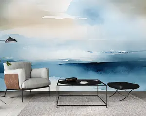 Coastal Abstract Wall Mural Modern Wallpaper in Peel & Stick Canvas Vinyl or Non-Woven