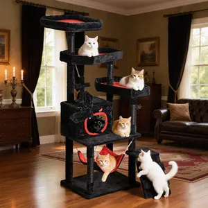 Yitahome Gothic Cat Tree with Coffin Bed, 63"/38.6"  Tall Cat Tower for Cats with Top Perch, Spacious Cat Condos, Spider Hanging Balls,Comfy Hammock, Scratching Post and Ladder