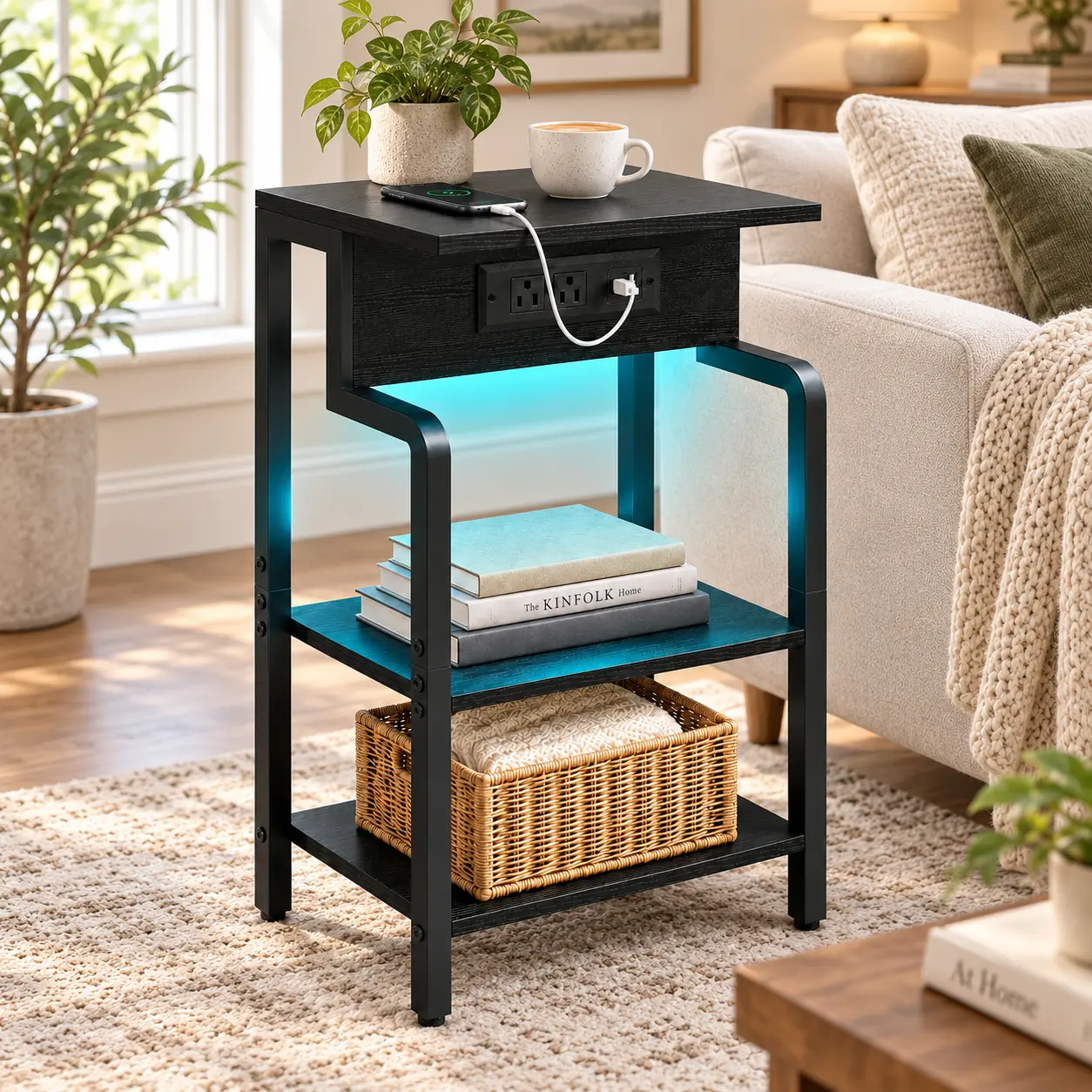 Nightstand with Charging Station & LED Lights, Modern 3-Tier End Table with Power Outlet, Multi-functional Side Table Works as Nightstand for Small Space Bedroom Living Room Decor