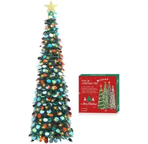 HMASYO 5 FT Pop Up Christmas Tree with Timer Lights, Blue Christmas Tinsel Tree, Collapsible Artificial Pencil Christmas Tree for Indoor Home Apartment Porch Holiday Party Decorations