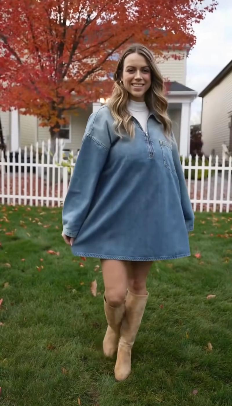 Elengatine Women's Denim Dress Half-Zip Collared Vintage Washed Blue Loose Fit Long Sleeve One Chest Pocket Trendy Casual Top for Daily Wear & Street Style Looks - Chic Autumn and Winter - Womenswear Suitable for all people, sizes range from XS - 5XL