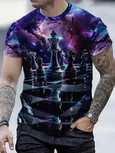 Men's Short Sleeve T-Shirt with Starry Chess Pattern, Fashion Graphic Print, Casual Loose-Fitting Top, Trendy Summer Apparel