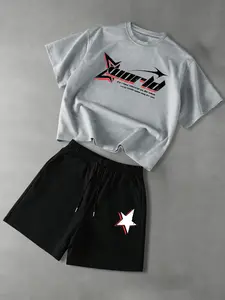 This men's two-piece Matching set includes a crew neck short-sleeved T-shirt with lettering and star patterns and a pair of shorts with star prints, creating a comfortable and casual look.