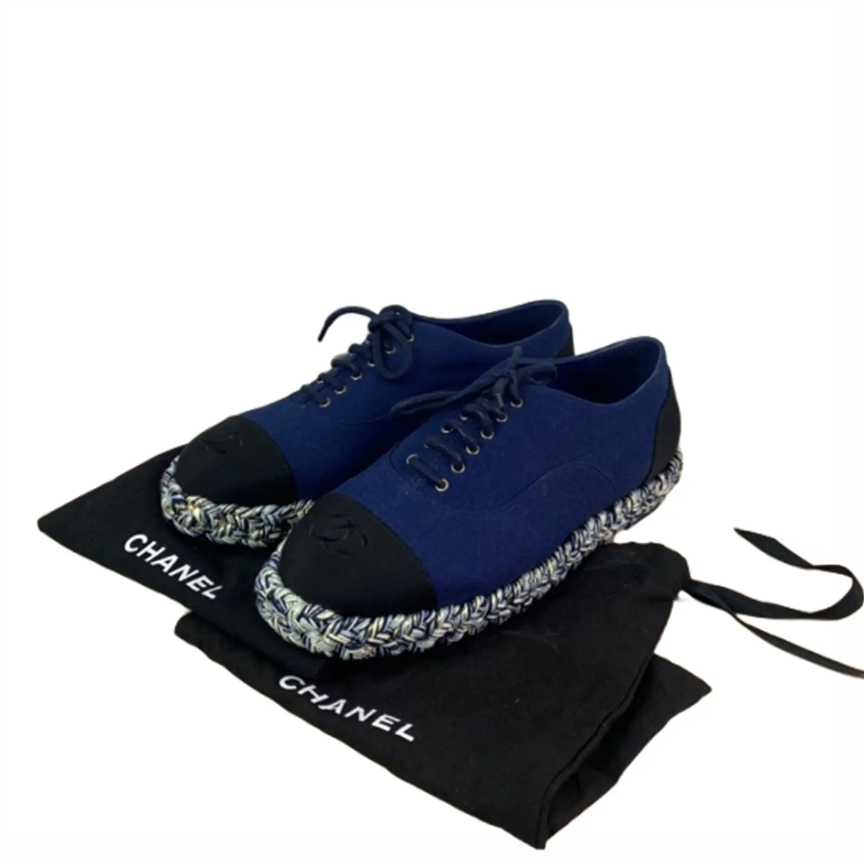 RDLTS— Chanel Blue Black Logo Espadrille Lace-Up Sneakers Size US 8.5