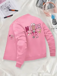 Nurse Themed Printed Zip-Up Jacket - Polyester Knit Fabric with Pockets, Fitted Style for Autumn/Winter, Random Graphic Print Pattern Suitable for Young Adults.