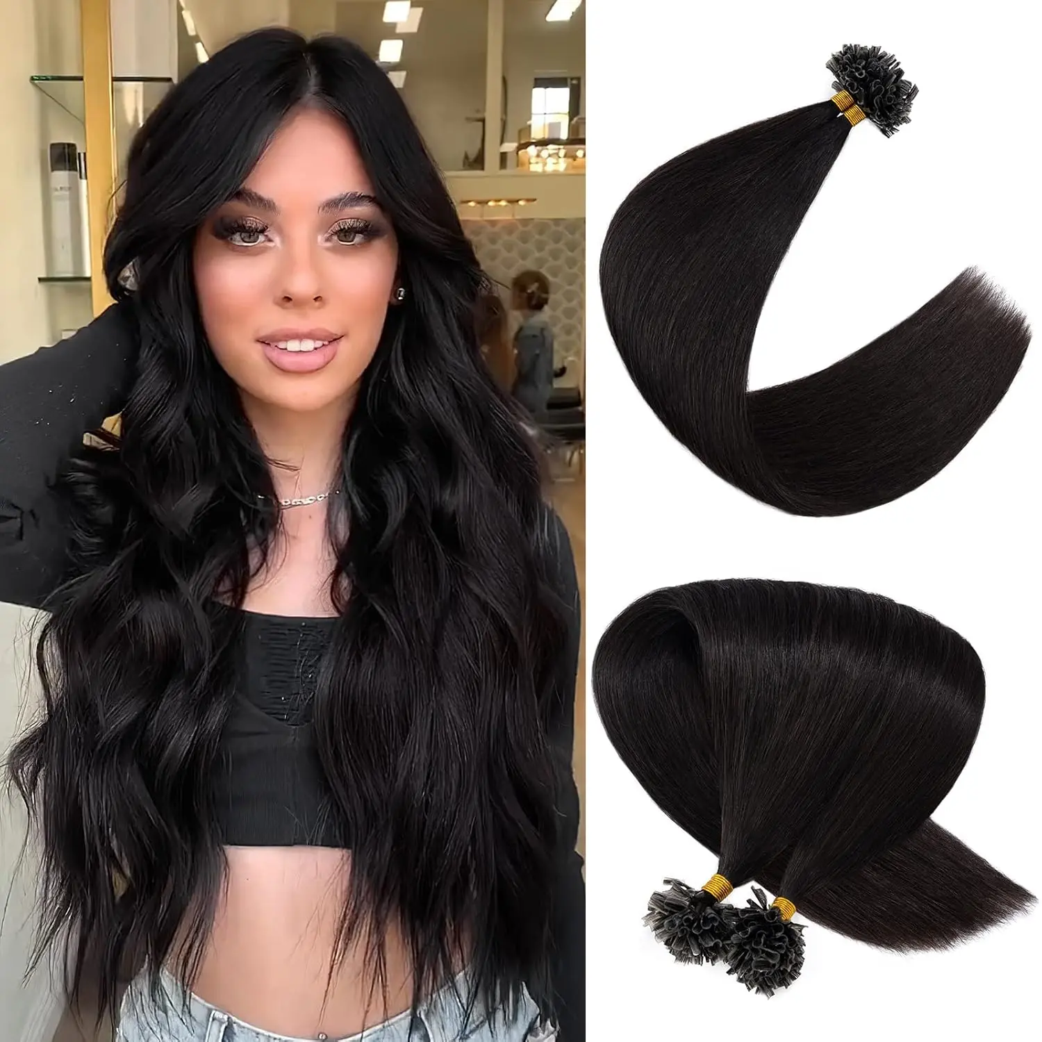 U Tip Hair Extensions - Real Human Hair Pre-Bonded Keratin Hot Fusion Extensions - Natural Black Remy Straight Silky Hair 50 Strands 30g #1B