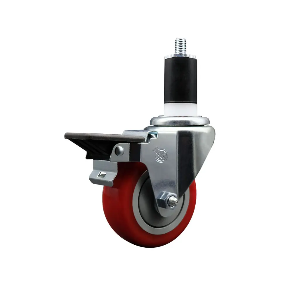 Service Caster SCC-EX20S3514-PPUB-RED-PLB-112 Heavy Duty Swivel Caster with Lockable Wheels, 1.5 in. Polyurethane Expanding Stem, 3.5 in. Red Wheel, Posi Locking Brake for Moving (300 lbs Capacity), Swivel Wheels