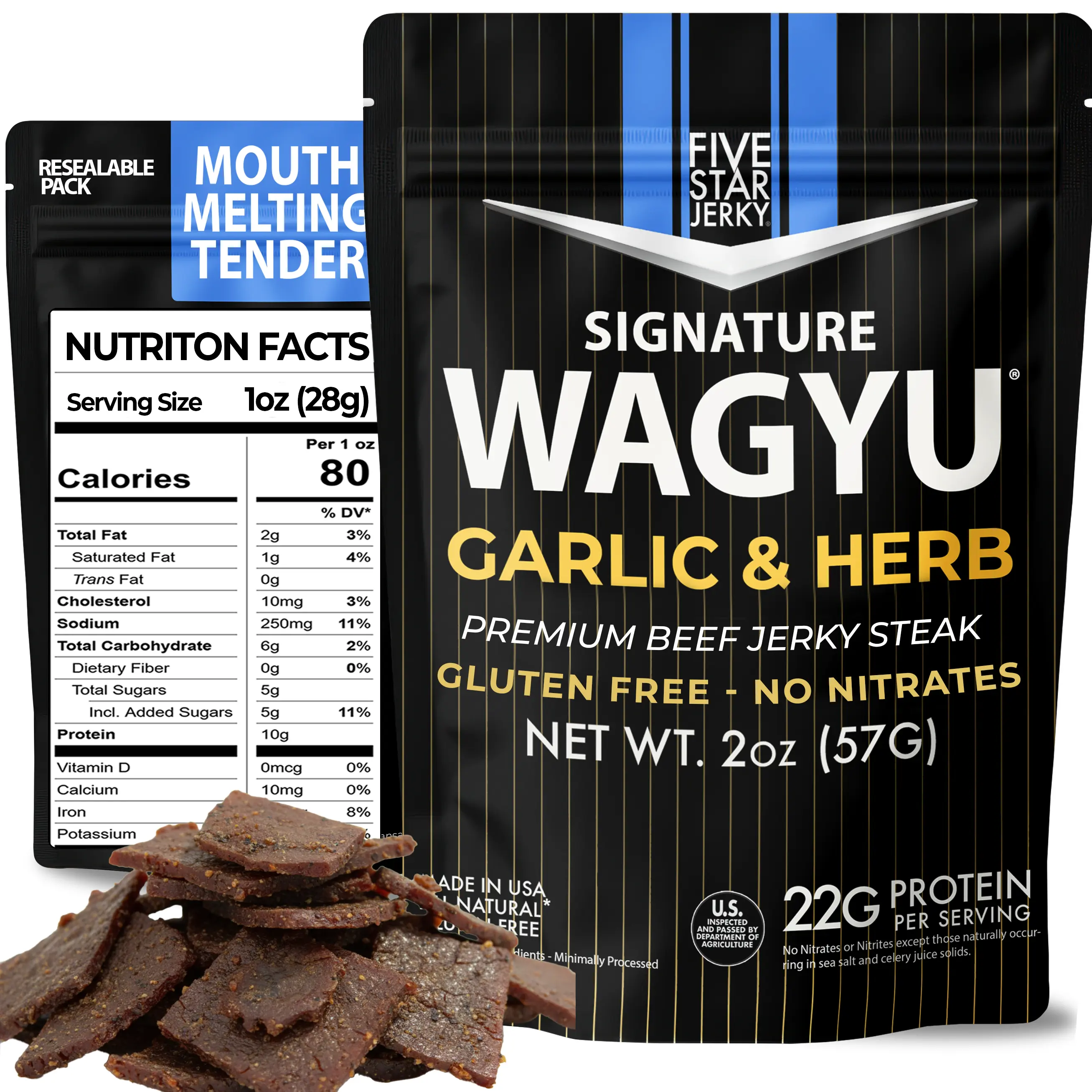 Five Star Wagyu Garlic & Herb Beef Jerky, Soft & Tender Gourmet Jerky, High Protein Snacks for Adults, Keto Friendly Beef Jerky Snack Packs, Gluten-Free Wagyu Jerky Sticks (2 Pack of 2oz – 4oz Total) Premium Protein Food