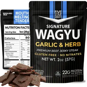Five Star Wagyu Garlic & Herb Beef Jerky, Soft & Tender Gourmet Jerky, High Protein Snacks for Adults, Keto Friendly Beef Jerky Snack Packs, Gluten-Free Wagyu Jerky Sticks (8 Pack of 2oz – 16oz Total) Premium Protein Food