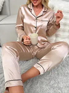 Women's Elegant Long Sleeve Pajama Set Pjs, Plain Lapel Sleepwear, Fitted Home Clothing, All Seasons Comfortable Soft Loungewear