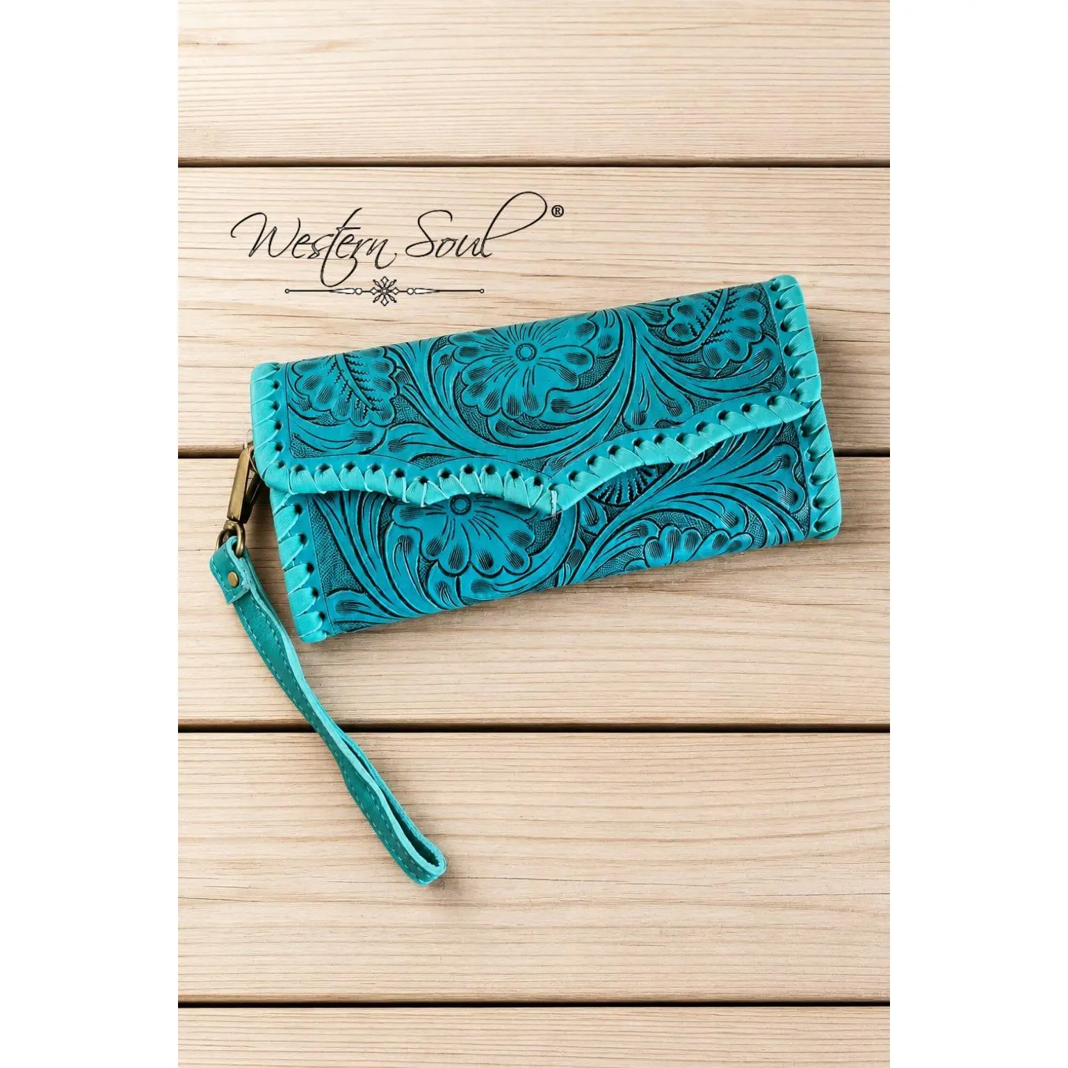 Women's Tooled Leather Piper Clutch Wristlet, Turquoise Small Wallet Pouch - Women's Clutches & Wristlets, Clutch Women's Clutches & Wristlets