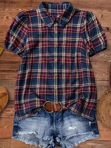 Elegant Plus Size Fitted Women's Shirt, Casual Style with Patterned Collar and Bubble Sleeves, Perfect for Daily Wear & Office