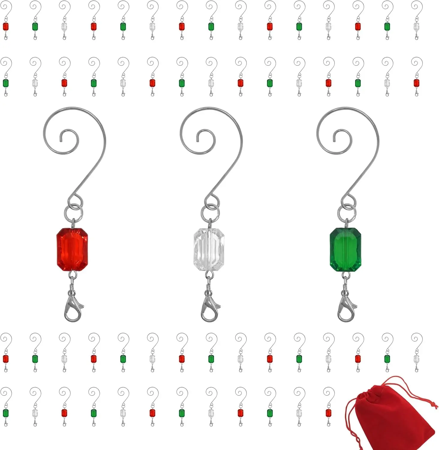 Christmas Ornament Hooks Set of 30, Red Green Clear Beaded Ornament Hangers, Decorative Silver Wire S Hooks with Sparkling Gems, 3 Inch Holiday Tree Hangers for Christmas Ornaments and Seasonal Decor