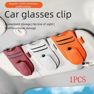 Magnetic Car Sunglasses Holder Sun Visor Eyeglass Clip PU Frame Multifunctional Car Organizer Car Storage Organizer Portable Ticket Card Holder Car Accessories