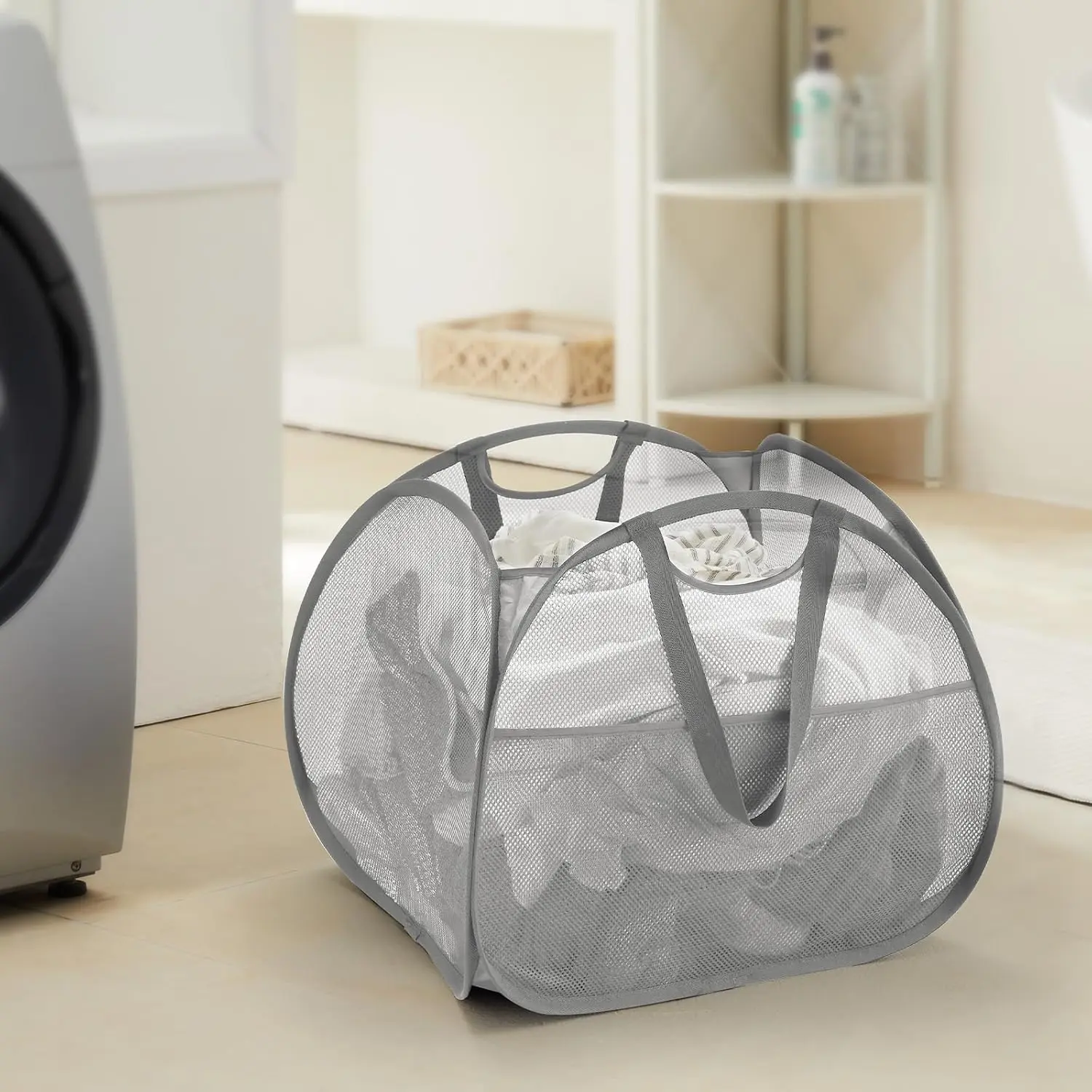 Collapsible Mesh Pop Up Laundry Hamper with  Handles, Large Opening Clothes Hamper with Side Pockets, Storage Baskets for Dorm, Laundry Room, Bathroom or Travel (Grey, 90L)