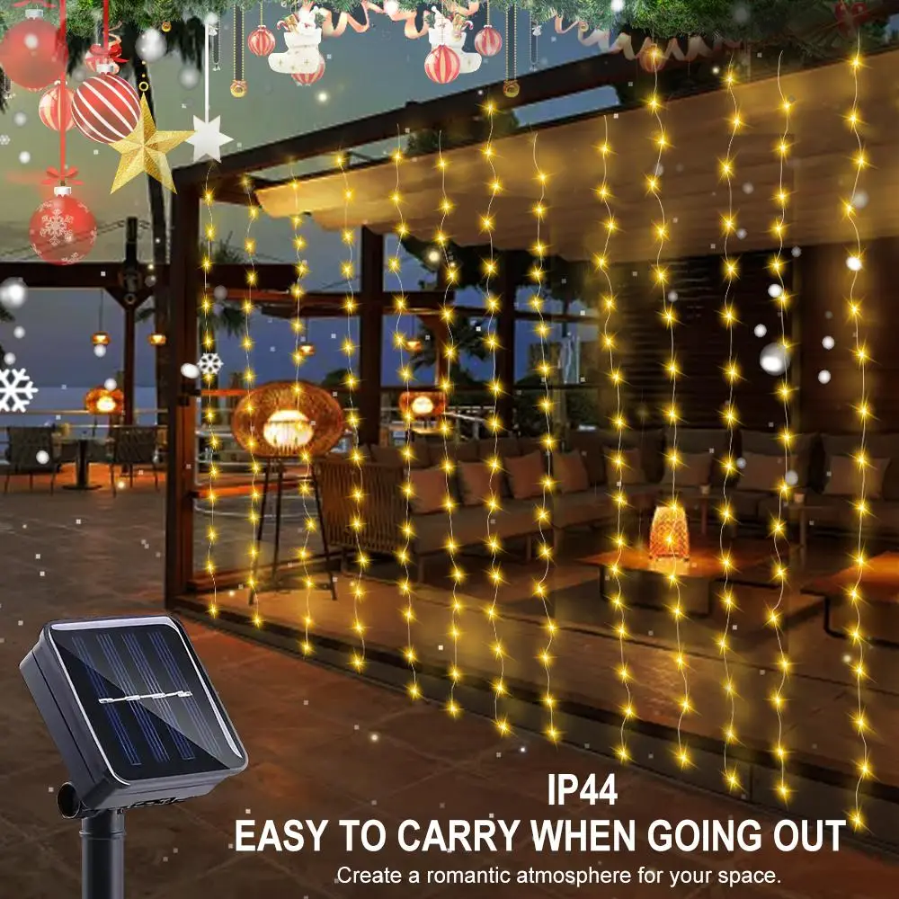 Solar Lights Outdoor LED Lights Strings with 8 Models of Remote Control, Waterproof Solar Curtain LED Light, Decorative Solar Powered String Lamp, Coz