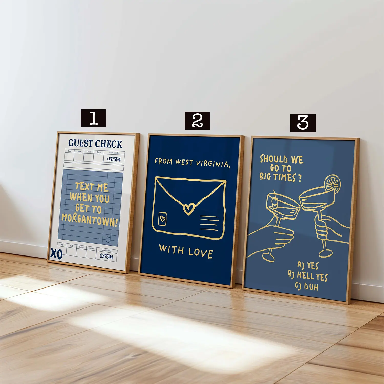 Trendy WVU Wall Art Set of 3 - Girly College Dorm Room Decor, West Virginia University Poster Set, College Wall Art, Preppy Back to School Gift