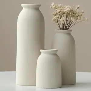 Ceramic Vase Set of 3, Small Flower Vases for Decor, Modern Boho Farmhouse Style Decorative Vases for Pampas Grass & Dried Flowers, Distressed Finish (Beige)