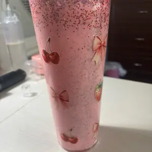 Cherry & Bow Design Pink Glitter Tumbler with Straw for Everyday Use 24 oz Reusable Washable Portable Drinkware Cup Mug Bottled