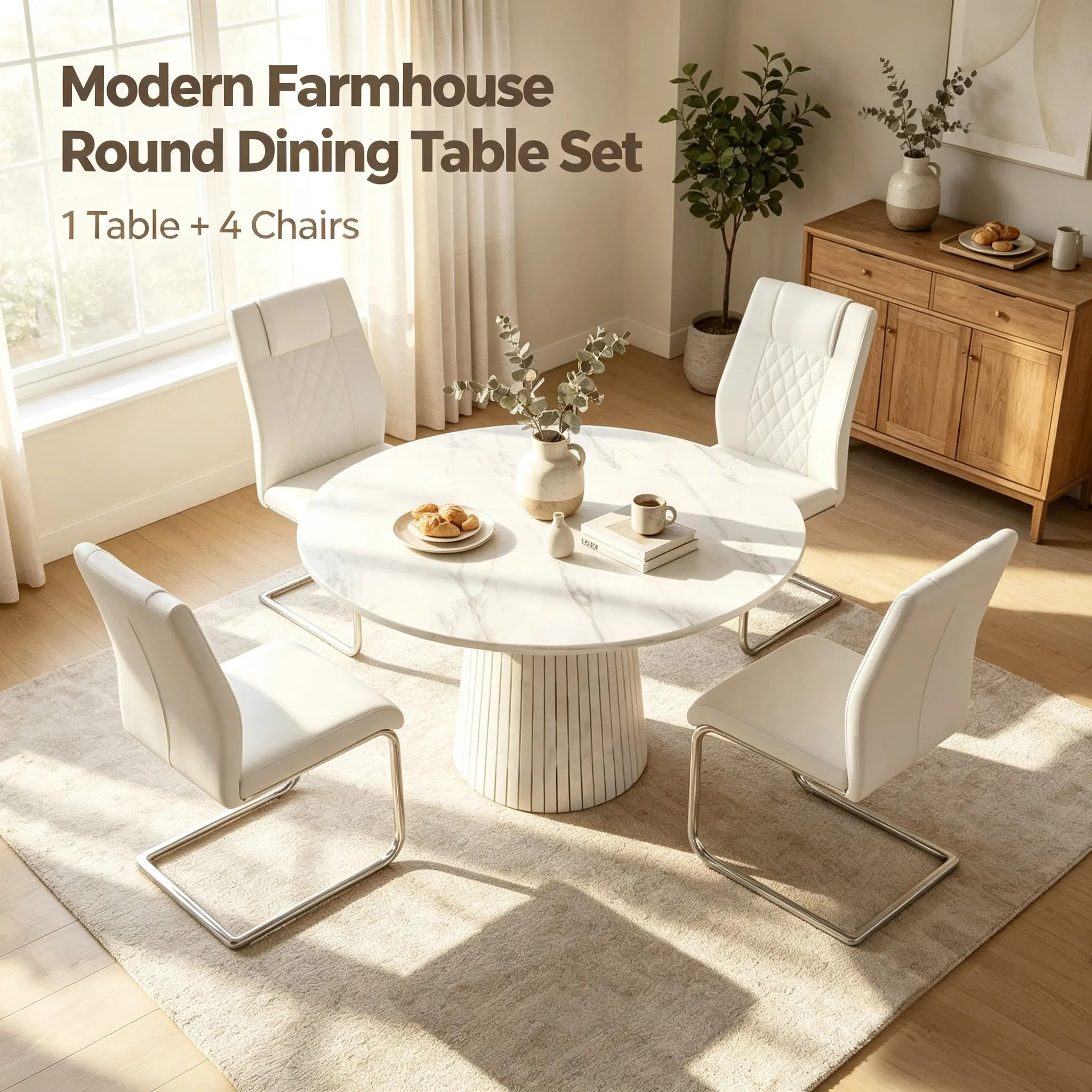 5-Piece Modern Farmhouse Dining Set - 47" Round Marble Table & 4 PU , White Space-Saving Kitchen Set for Apartment & Living Room lachic couture upholstered chair banqueta furniture metal frame gold leg