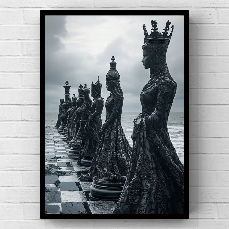 Large ornate black chess queen seaside chessboard surreal gray art minimalist artistic hanging artwork,2D flat print canvas wall art poster,wall decoration home decor, modern bedroom decor, perfect gift for a chess lover’s bedroom, office home wall decor