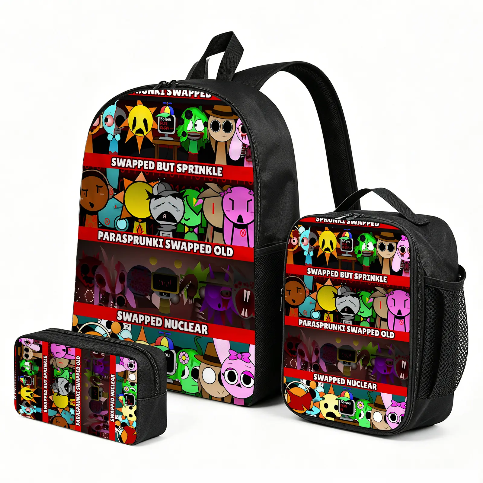Kids' Graphic Canvas Backpack Set, 3-Piece Sprunki Theme Combo with Insulated Lunch Box and Pen Pouch for School & Picnic, Combo Set, 3-Piece Set