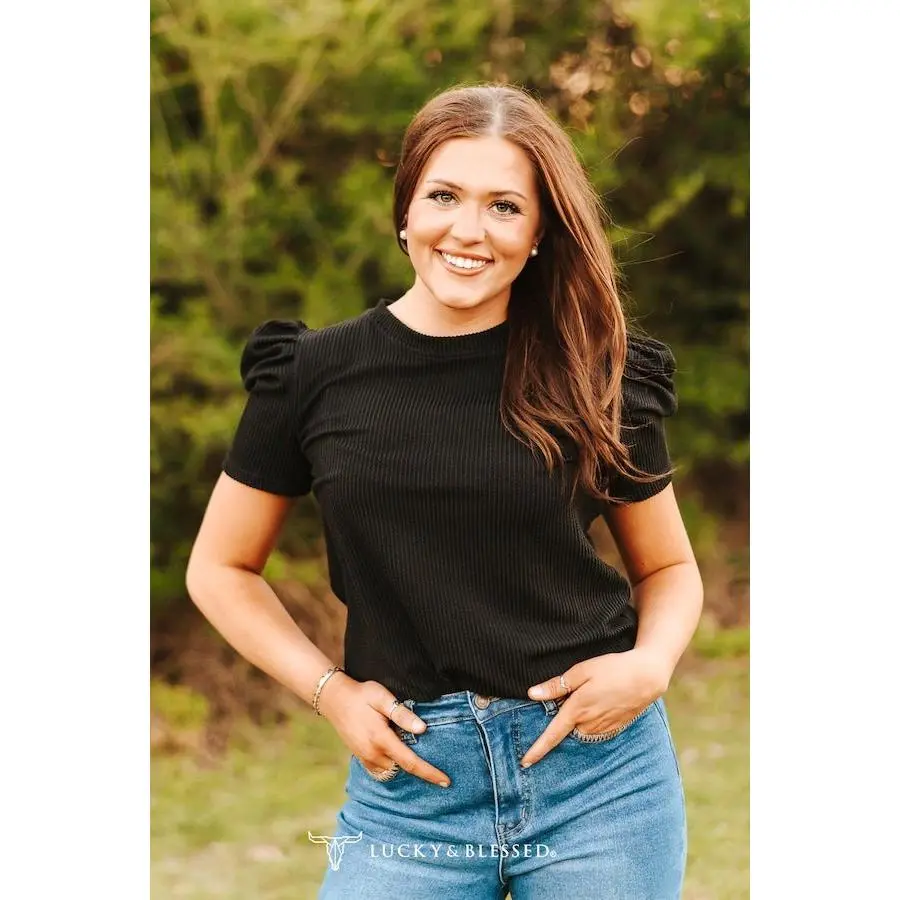 LUCKY & BLESSED "Midnight Western" Ribbed Puff Sleeve Top — Black Buttery-Soft Stretch Cowgirl Staple