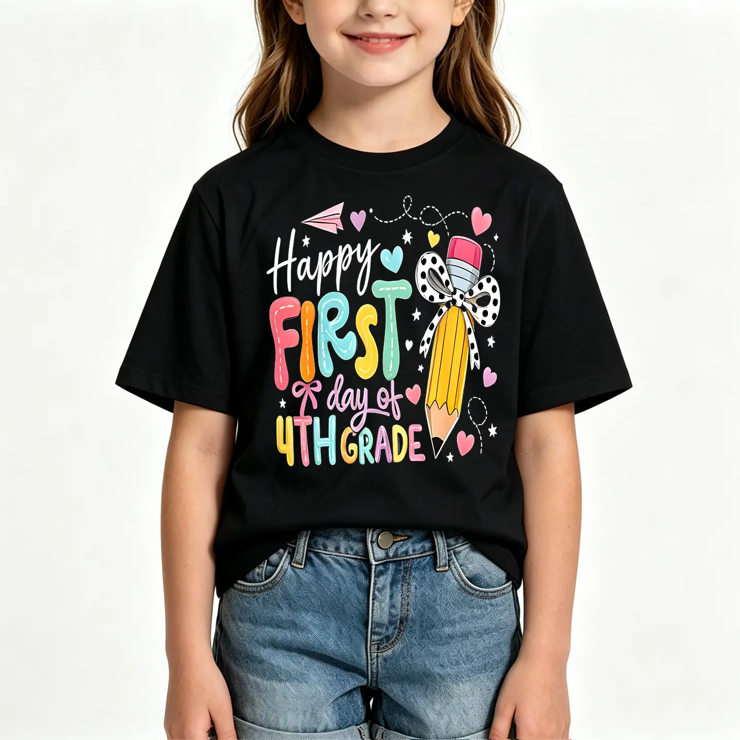 Happy First Day of 4th Grade Bow Pencil Cotton T-shirt for Girls Back to School
