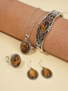Boho Style Heart Design Alloy & Faux Gemstone Jewelry Set, Vintage Tiger Eye Stone Series, Unisex Accessory Collection