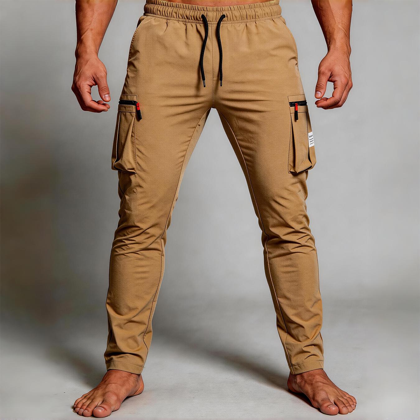 Men’s slim-fit cargo joggers, quick-dry athletic pants with drawstring and zippered pockets, lightweight workout trousers for gym and everyday wear