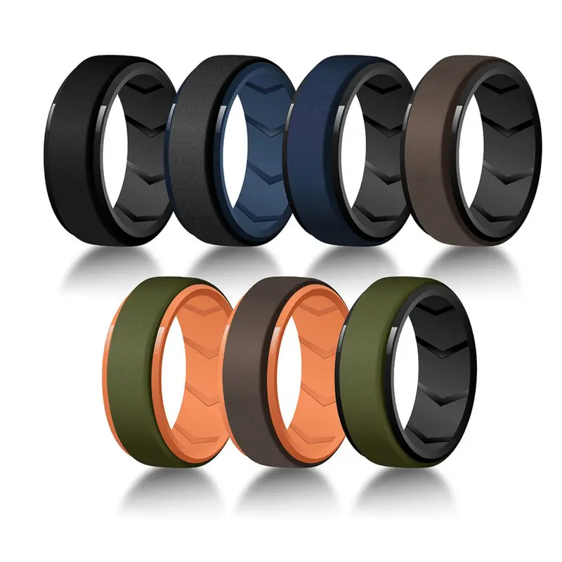 7 Pack Rubber Wedding Bands for Men, 8mm Hypoallergenic Breathable Men's Silicone for Him, Multi Color Active Sport Fitness Size 7-15, Thickness Jewelry Rings, Circle Ring Band