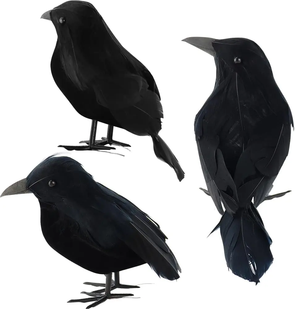 3 Pcs Spooky Decorative Lifelike Handmade Artificial Crow Set - Indoor Outdoor Halloween Home Decor Bird Prop for Parties